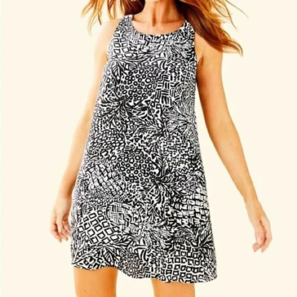 Lilly Pulitzer Jackie Silk Shift Dress Women S Black White Pineapple Sleeveless